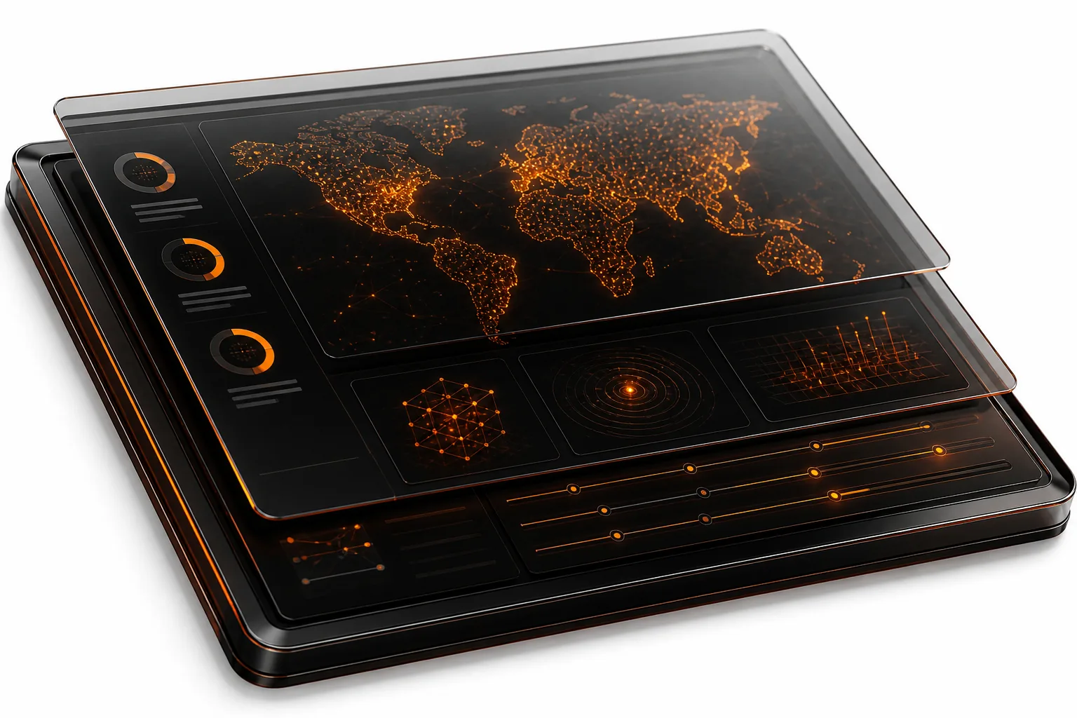 A black glass enterprise compliance control plane with orange network intelligence displays